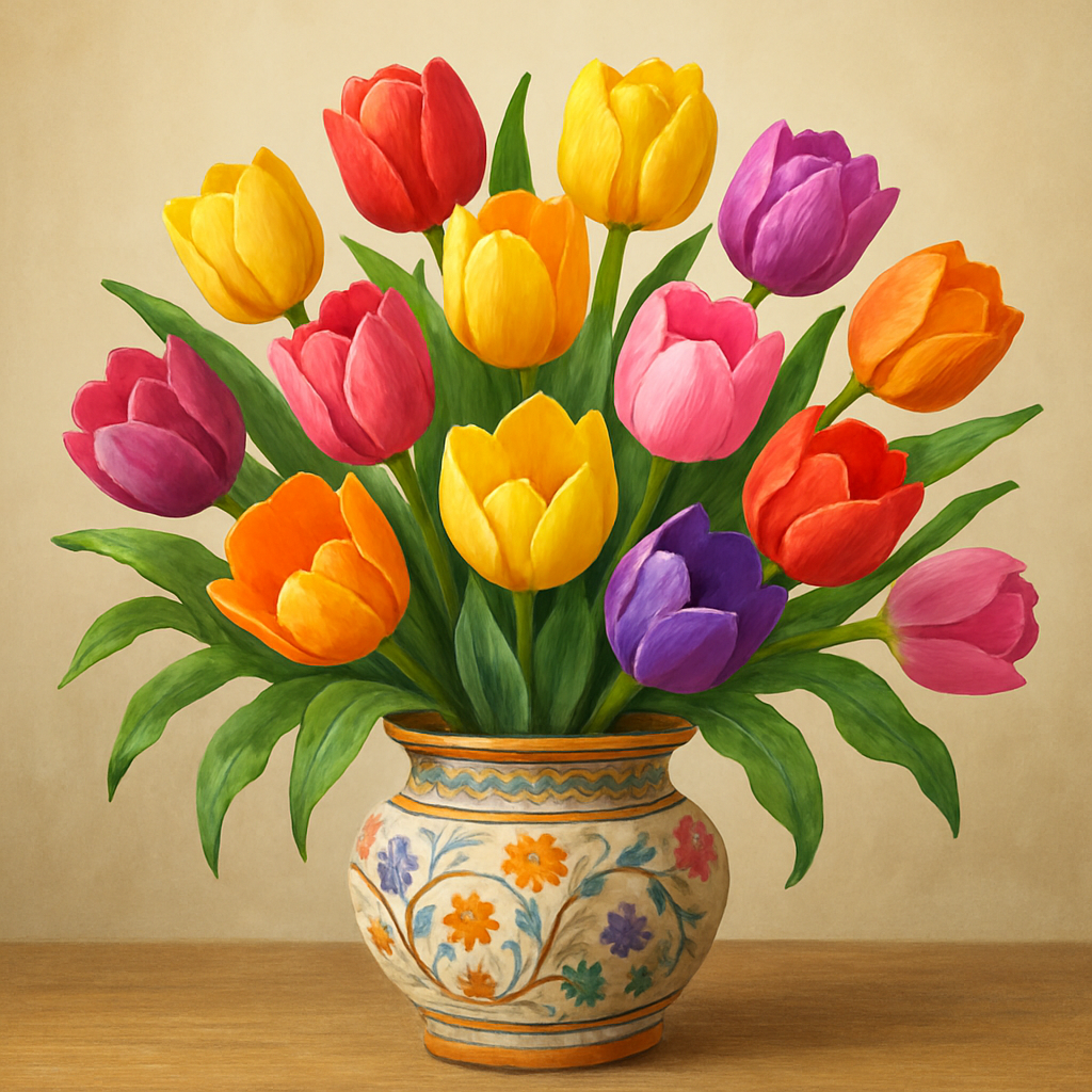 A vibrant bouquet of multi-colored tulips in a bright arrangement.