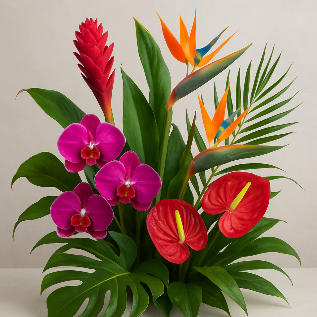 An exotic arrangement featuring tropical flowers and greenery.